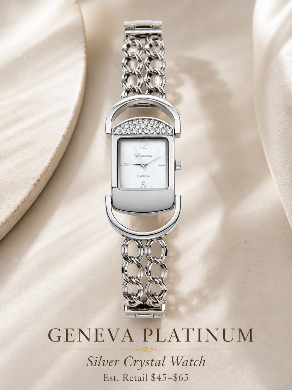 Geneva Platinum Silver Crystal Bracelet Watch with Chain-Link Band